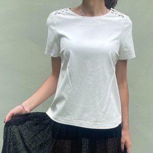 Vintage Faux Leather Tee with Shoulder Lacing in white